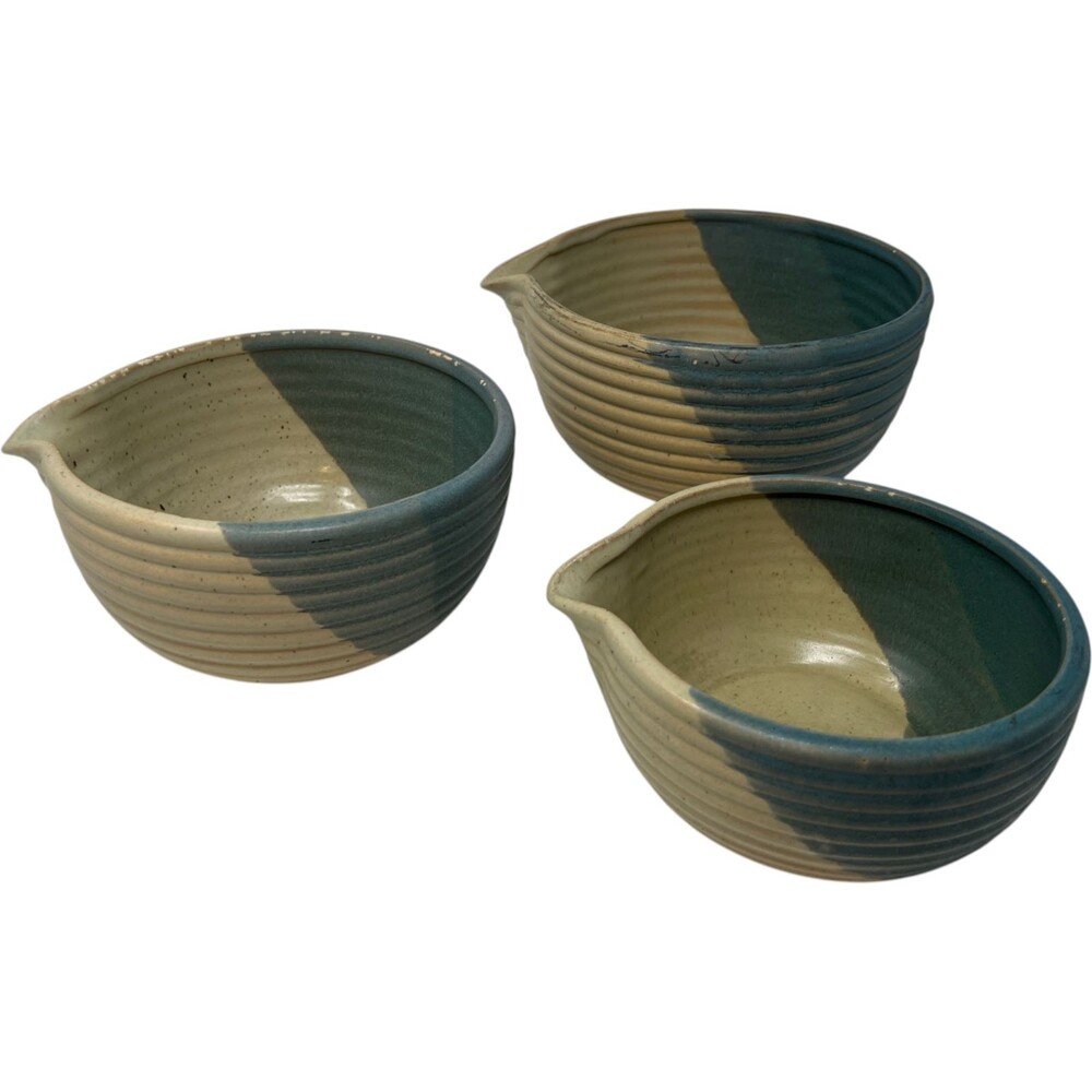 Nantucket Home Ceramic Mixing Bowls Set Blue Beige Two Tone Ribbed Farmhouse Kit
